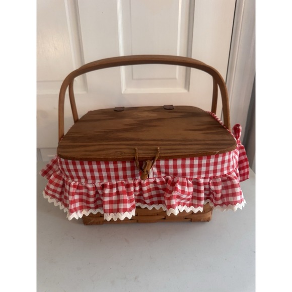 Vtg Longaberger 1993 Large Basket With Lid, Handles & Riser Picnic Pie Red White - Picture 3 of 14